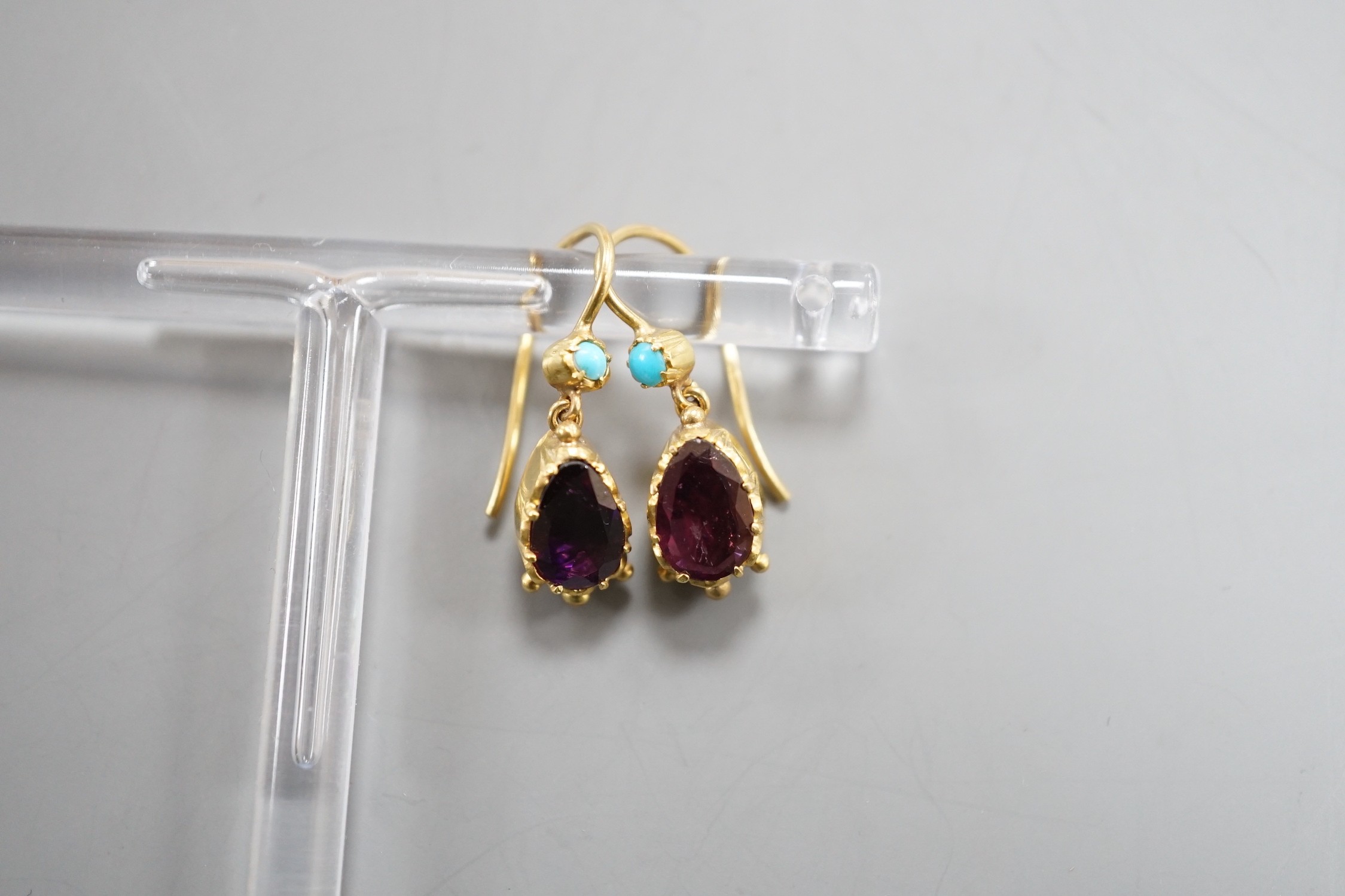 A pair of early 20th century yellow metal, garnet and turquoise set drop earrings, 16mm, gross weight 2.7 grams.